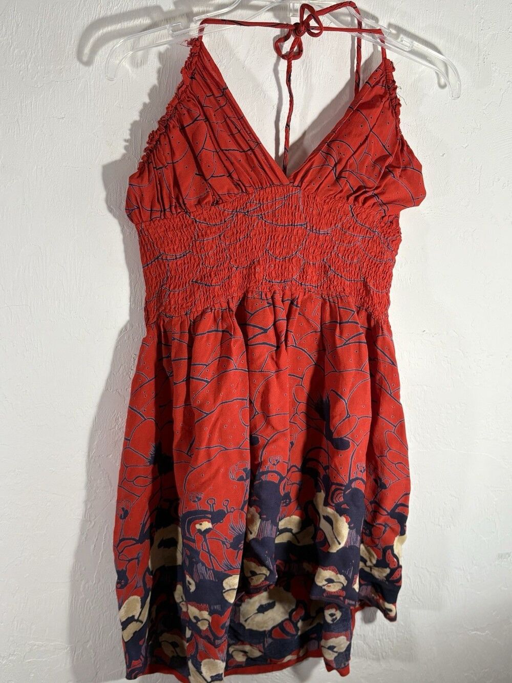 Angie Designer Women’s Small Red Blue Halter Top Dress Smocked Waist Spaghetti